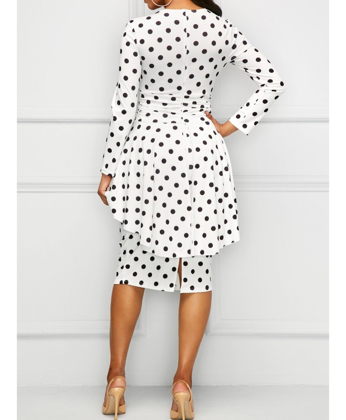 Long Sleeve Polka Dot Print Overlay Dress